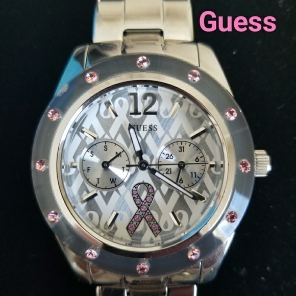 GUESS Pink Ribbon Watch W/ Swarovski Crystals - Picture 1 of 3